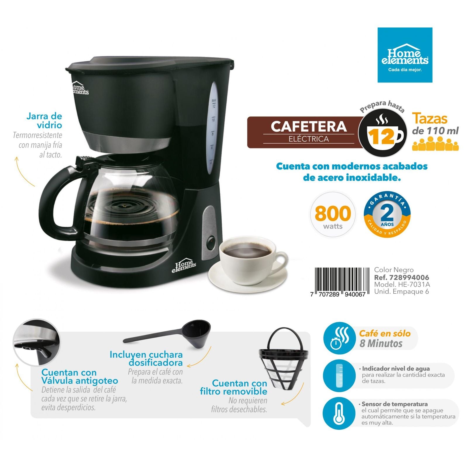 CAFETERA ELECTRICA 12 TAZAS MOD HE-7031A HOME ELEMENTS