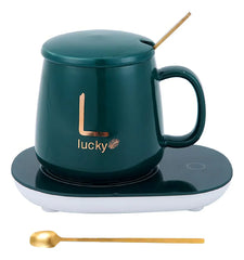 Taza Mug Cerámico con Base eléctrica Calentadora y Cuchara – Verde